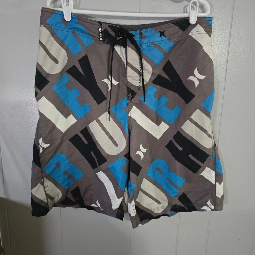 Hurley Board Shorts Mens 36 Grey Blue All Over Print Graphic Swim Trunks‎